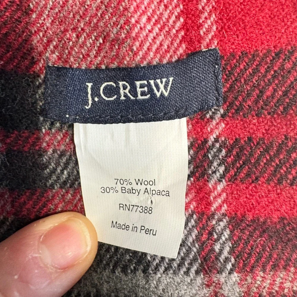 J Crew Buffalo Plaid Scarf Wool Alpaca Red Black Gray Fringe Cabin Cozy‎ Rustic